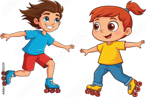 Happy children roller skating together, cartoon kids playing outdoors, smiling boy and girl having fun, active lifestyle, summer activity, healthy childhood, vector illustration