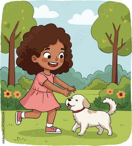 Happy girl playing with puppy, cute child and dog in park, cartoon vector scene, outdoor fun, playful kid and pet illustration