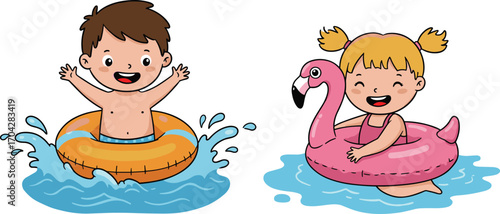 Happy kids swimming with float rings, cute cartoon boy and girl, summer pool fun, water play, inflatable flamingo, vector illustration