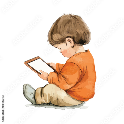 Watercolor Illustration of a Child Focused on a Tablet Device