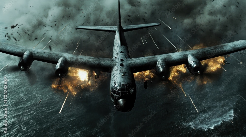 Fototapeta premium Warplane under fire over ocean