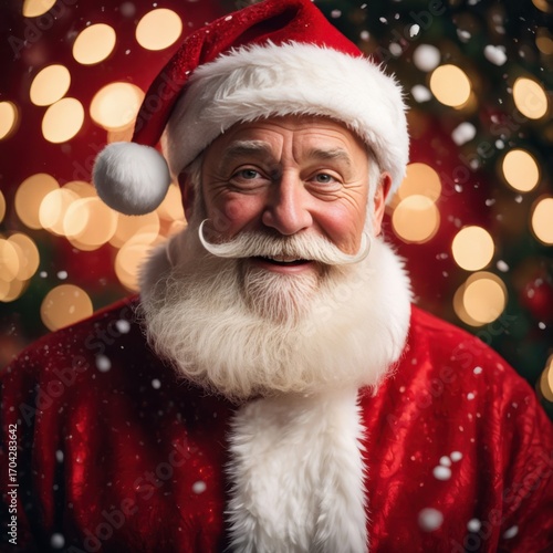 Joyful Santa Claus Spreading Holiday Cheer with a Warm Smile Amidst Festive Lights and Snowflakes in a Merry Atmosphere of Celebration