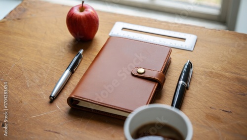 A Cozy Workspace Featuring a Leather Notebook, Coffee Mug, Writing Instruments, and a Fresh Red Apple on a Rustic Wooden Table