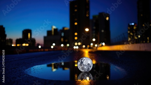 A Captivating Night Scene Featuring a Reflective Moon in a Puddle Surrounded by Urban Lights and High-Rise Buildings at Dusk