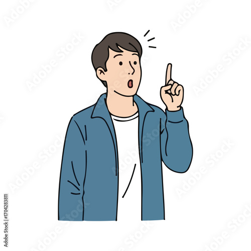 Man with open mouth pointing finger up with surprise on white background idea