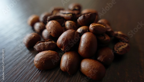 A Close-Up View of Freshly Roasted Coffee Beans Showcasing Their Rich Texture and Color in Natural Lighting