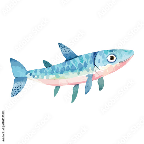 Watercolor Fish with Blue Scales Fins and Pink Underside Swimming