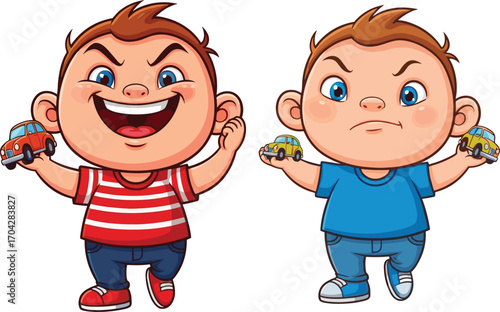 Two funny boys playing with toy cars, happy and angry kids, childhood emotions, playful toddlers with toys, cartoon vector illustration, expressive children characters