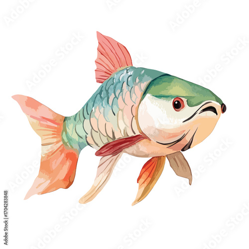 Watercolor Fish with Green Head and Pink Fins Swimming Gracefully