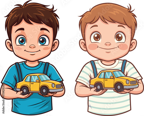 Two happy boys holding yellow toy car, smiling kids in casual clothes, playful children with toys, childhood joy, cartoon vector illustration for kids content