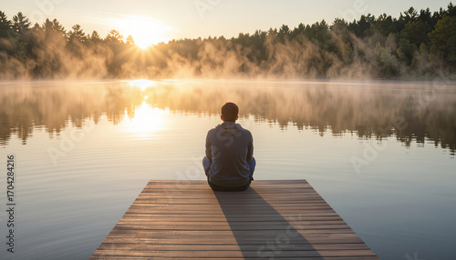 Person sitting on wooden dock looking at calm lake, peaceful and reflective, during sunrise with misty water backdrop