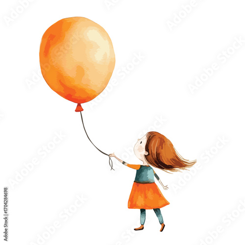 Watercolor Girl with an Orange Balloon a Whimsical Scene