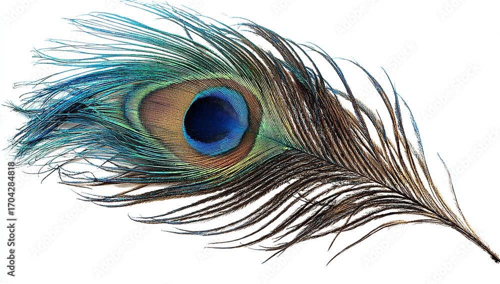Naklejka premium Peacock Feather Isolated on White Background, Close-Up of Colorful Plumage