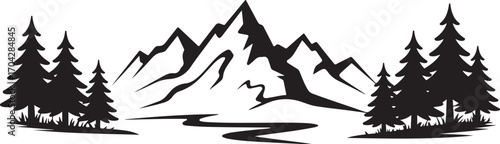 Silhouette of Mountain Landscape with Pine Trees and River on Transparent Background