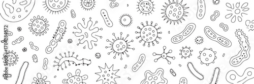 Seamless Pattern of Microscopic Organisms Bacteria and Viruses on Transparent Background