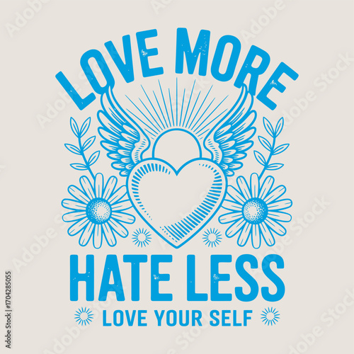 Vintage typography design with a positive message about love and kindness. Features a winged heart, sunburst, and flowers in a retro line art style