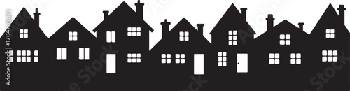 Silhouette Townscape Vector Illustration with Dark Houses and Windows on Transparent Backdrop