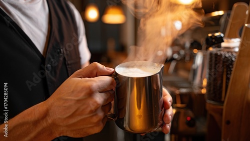 Wallpaper Mural A Barista Carefully Steams Milk in a Stainless Steel Pitcher, Creating a Perfect Frothy Texture for Coffee Beverages in a Cozy Café Setting Torontodigital.ca