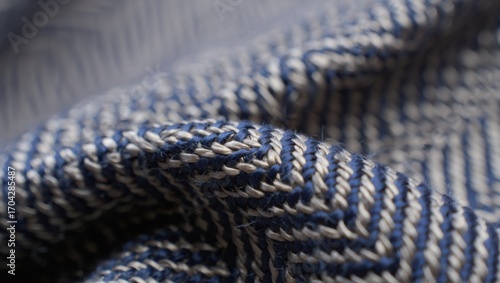 Close-Up of Textured Fabric with Intricate Weave Patterns in Blue and Beige Hues, Showcasing the Craftsmanship and Detail of Textile Artistry