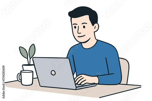 A man working on a laptop at a desk with a cup of coffee and a small plant, creating a peaceful and productive atmosphere