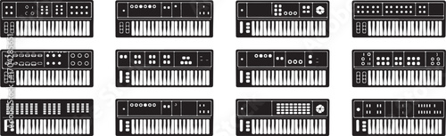 Synthesizer Keyboard Vector Set with Musical Instruments and Keys on Transparent Backdrop