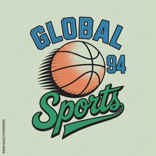 Retro 90s style basketball sports graphic design. Vintage athletic team emblem with a moving ball, suitable for apparel print or team logo