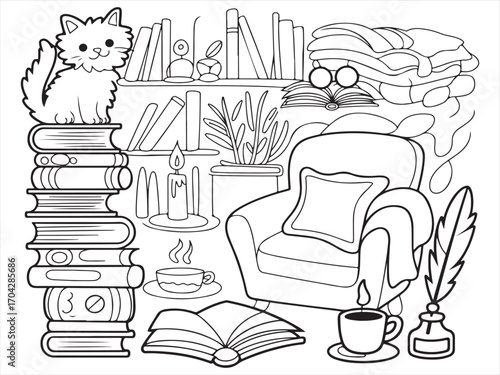 Cozy cat sitting on books in reading corner line art coloring page