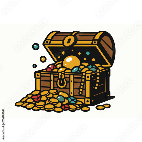 Classic pirate style treasure chest bursting with gems and coins playful cartoon vector illustration bold outlines vibrant palette riches loot fortune savings finance prosperity and adventure theme