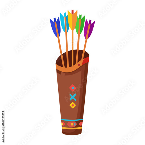 A decorated brown leather quiver filled with wooden arrows featuring vibrant, multi-colored fletchings.