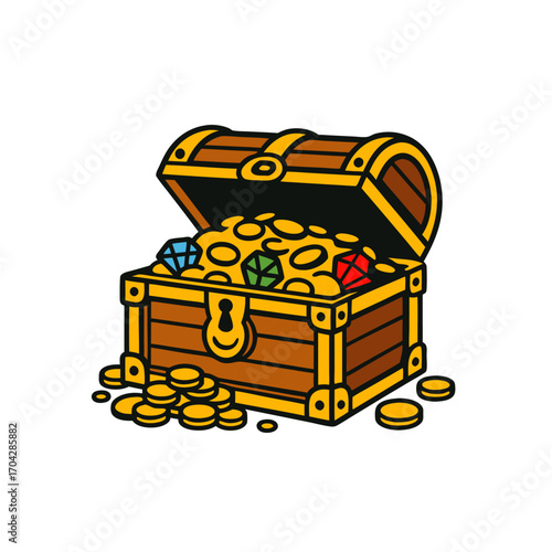 Open treasure chest overflowing with glittering gold coins cartoon vector illustration bold outlines vibrant palette pirate loot wealth fortune savings finance success and iconography design