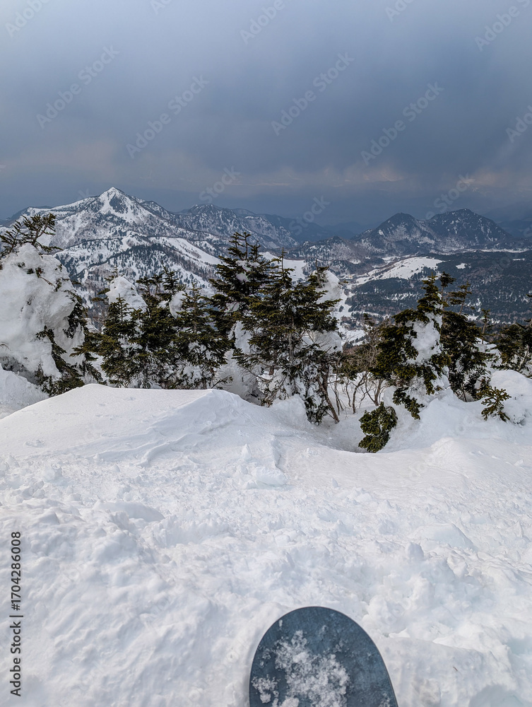 Fototapeta premium Snowboarder's perspective looking over snow covered trees and mountains in Japan.