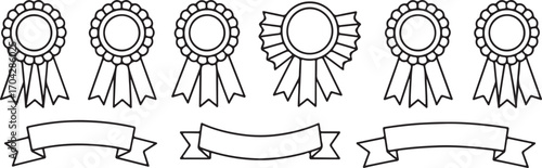 Elegant Award Rosette and Ribbon Banner Set Acknowledging Achievement in a Clean Line Art Style