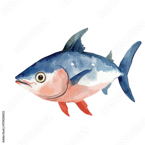Watercolor Illustration of a Blue and Red Fish with Detailed Eye and Fins
