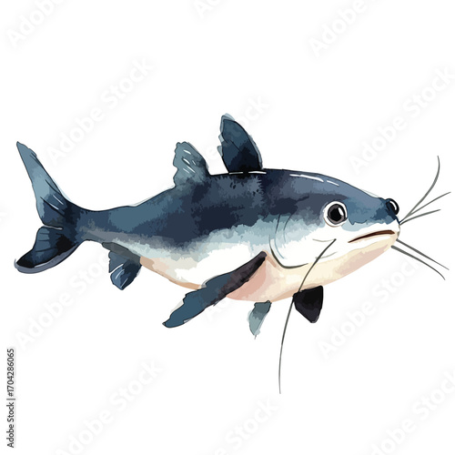 Watercolor Illustration of a Blue Catfish with Long Barbels and Detailed Fins