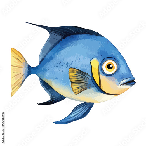 Watercolor Illustration of a Blue Fish with Yellow Fins and Eye