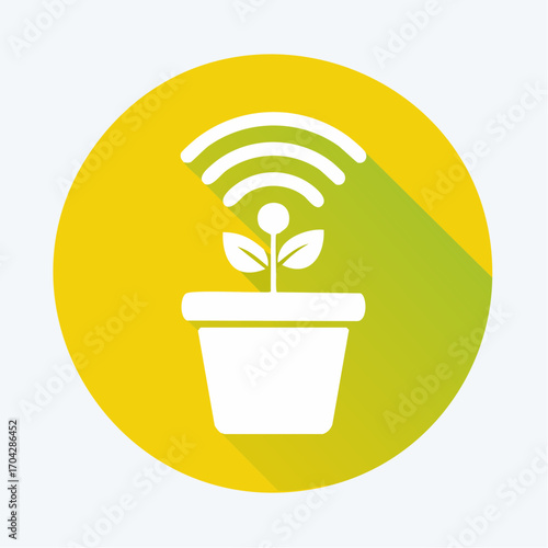 Innovative smart farming concept icon showing a plant in a pot with a wireless Wi-Fi signal for IoT agriculture technology