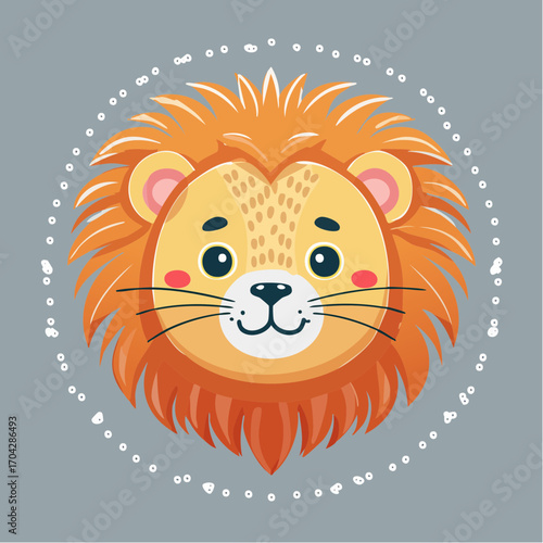 Cute cartoon lion head illustration with a friendly smile, perfect for children's designs and animal themes