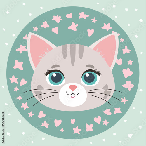 Cute cartoon kitten face, gray fur, blue eyes, pink ears, surrounded by hearts and stars on a pastel green background