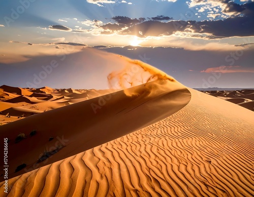 Fototapeta Naklejka Na Ścianę i Meble -  Dramatic desert dune at sunset.  Sandstorm rising