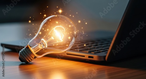 A glowing light bulb with sparks of light emanating from it, placed on a laptop