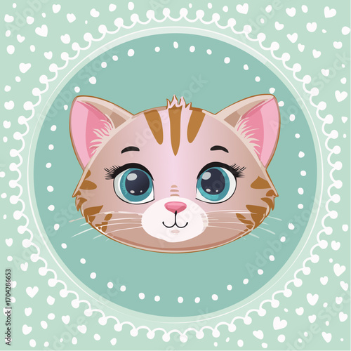 Cute Cat Face Illustration with Big Blue Eyes, Adorable Feline Portrait with Whimsical Heart Border