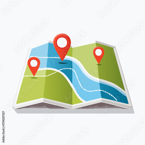 Navigational concept showing a travel destination route with multiple pinpoints on a folded map