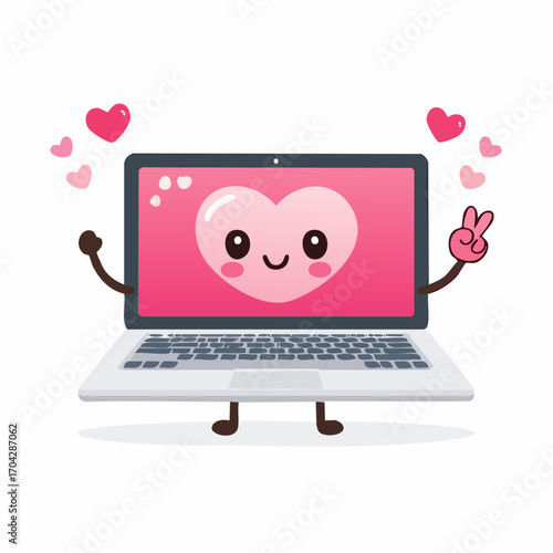 Cheerful computer character with a loving heart on the screen, symbolizing online dating, friendship, and digital communication