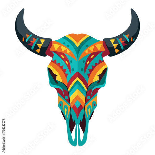 Colorful Aztec-Inspired Bull Skull with Intricate Geometric Patterns and Horns.