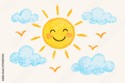 A vibrant, hand-drawn sun with a smile and soft clouds, created in a chalk-like style, evoking a sense of joy and positivity, perfect for cheerful designs or children’s content