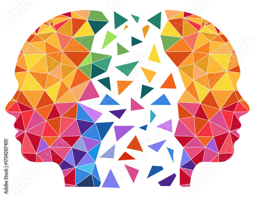 A colorful geometric silhouette of a human head composed of triangular shapes, part of which breaks down into individual fragments, isolated on a white background.