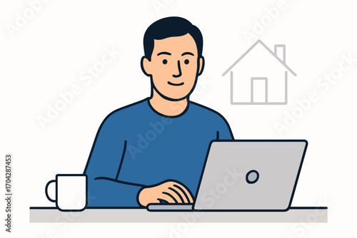 A man working from home on his laptop, enjoying a relaxed and productive environment with a cup of coffee