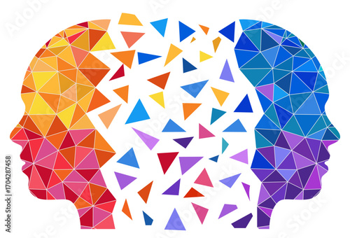 Abstract double human head made of geometric triangles in red and blue colors, symbol of communication, psychology, duality, artificial intelligence and digital thinking, isolated vector illustration