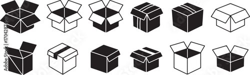 Open and Closed Cardboard Boxes Collection for Packaging and Delivery Concepts in Graphics