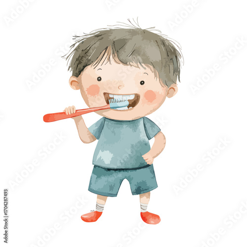 Watercolor Illustration of a Child Brushing Teeth with Joyful Expression